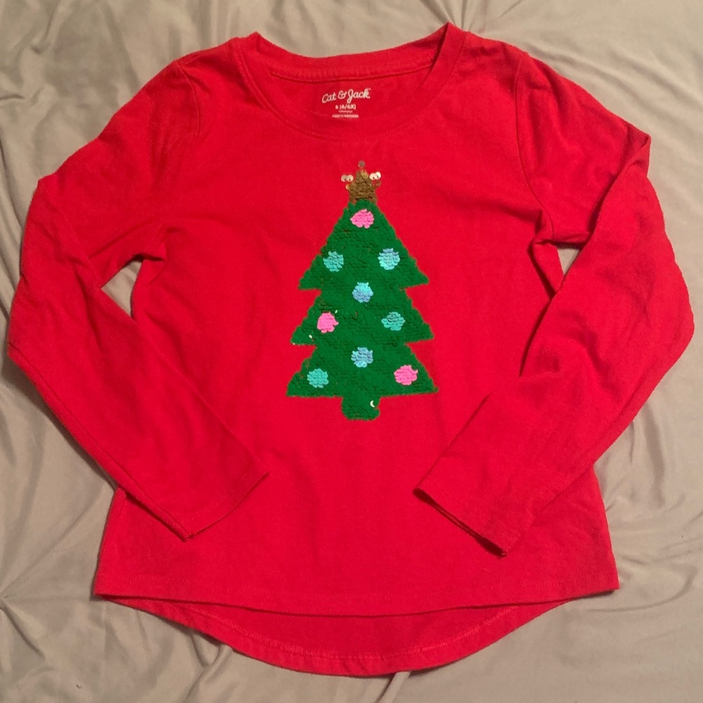 Cat & Jack Red Long Sleeve Shirt with Christmas Tree